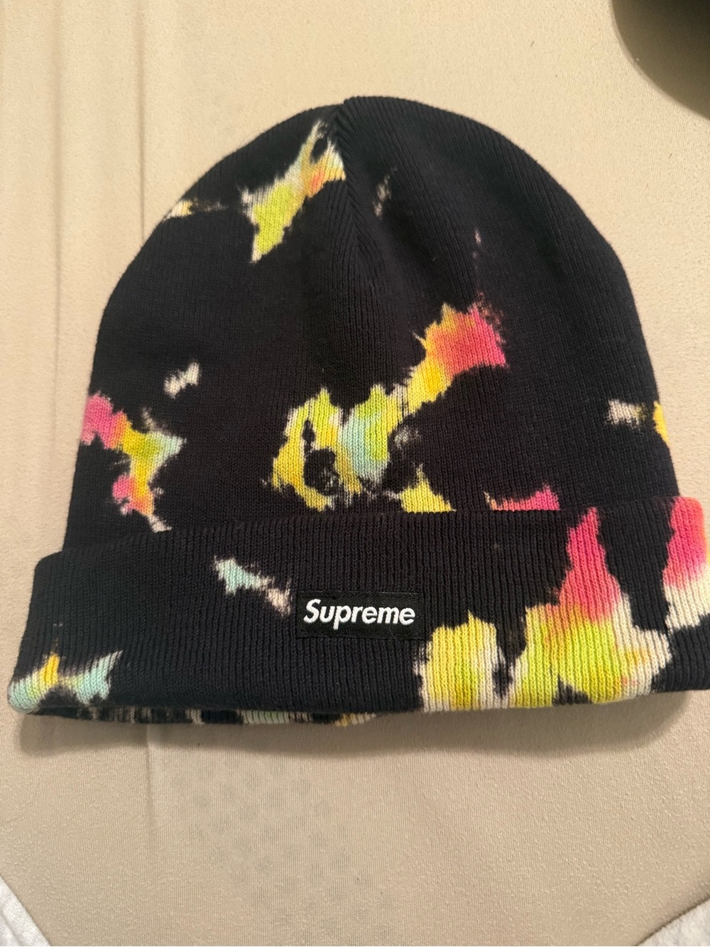 Supreme Black Knit Beanie with Yellow, Pink & Light Blue Tie-Dye